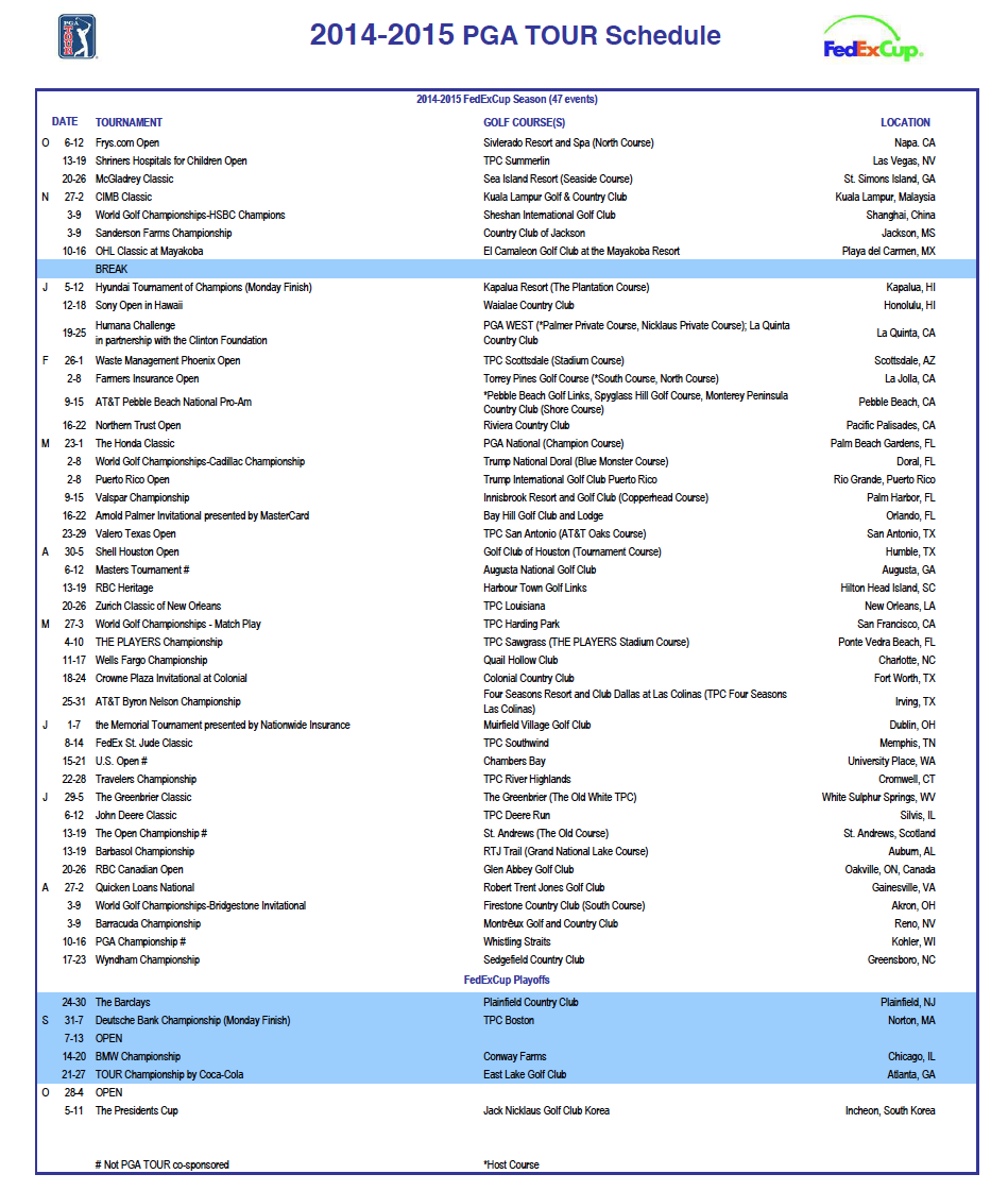 Pga schedule for 2015